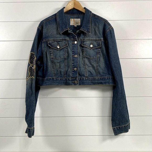 Crest Jeans Women's Butterfly Embroidered Y2K Cropped Jean Jacket size 1X Blue - Picture 1 of 12